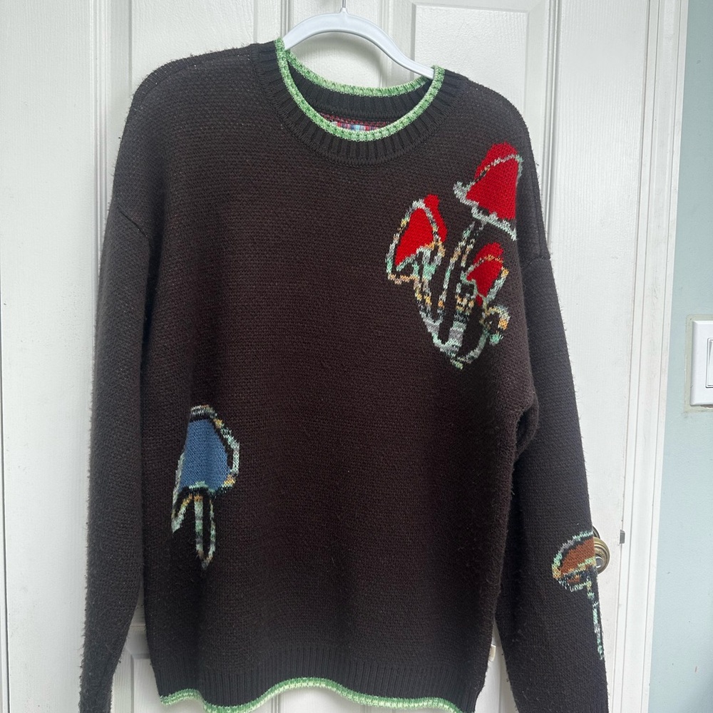 Urban Outfitters Brown and Red Crewneck Sweater with Mushroom Design